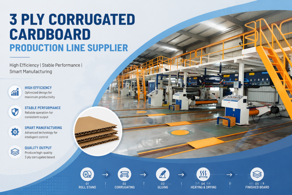 illustration background showing a 3-ply corrugated cardboard production line in a modern factory, featuring the full production line, bright and tidy factory space, and icons representing the manufacturing process, emphasizing efficiency and smart manufacturing