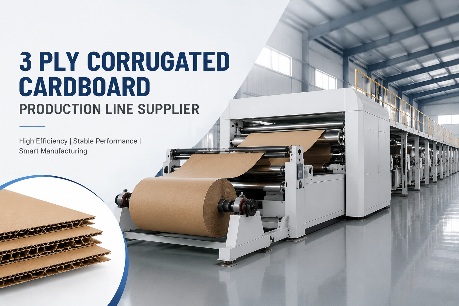 Modern industrial factory interior with a 3-ply corrugated cardboard production line, showing neatly arranged machinery and large rolls of paper in a bright, clean factory environment.