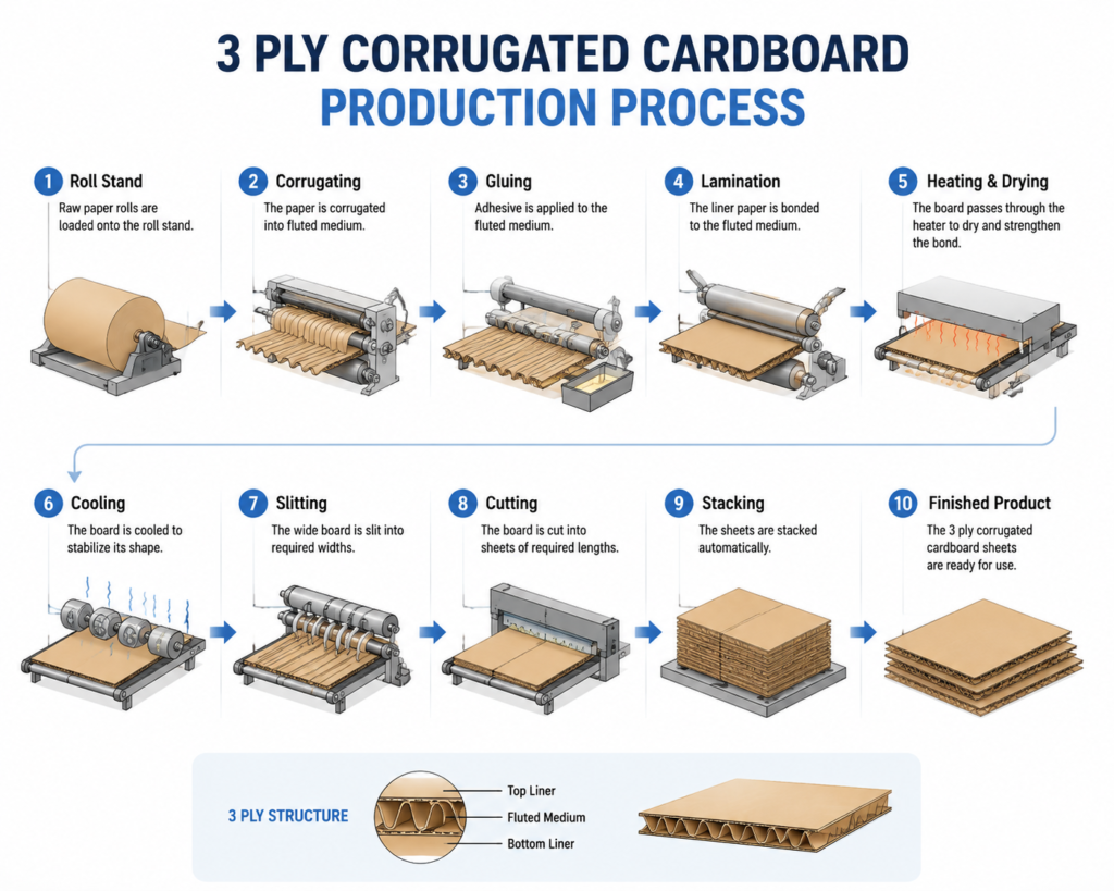 Step-by-step infographic of the 3-ply corrugated cardboard production process, illustrating stages from roll stand, corrugating, gluing, heating and drying to finished product, with clear icons in a flat design style.