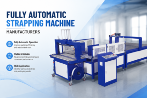 Modern industrial setting featuring a fully automatic strapping machine, showcasing the machine’s key components and layout in a clean, professional environment, highlighting efficiency and reliable operation.