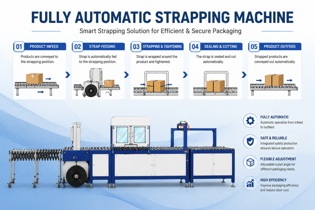 Step-by-step infographic of a fully automatic strapping machine, illustrating product infeed, strap feeding, strapping and tightening, sealing and cutting, and product outfeed, accompanied by a clear image of the machine and key feature icons.