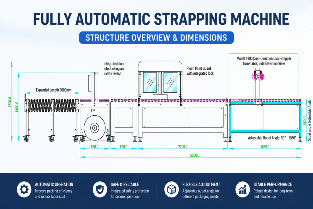 Technical diagram of a fully automatic strapping machine, showing detailed dimensions, integrated safety features, expandable conveyor, and turntable section, with annotations and color highlights for clarity.