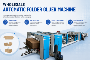 Modern infographic of a wholesale automatic folder gluer machine, showing a high-speed carton folding and gluing system with feature icons highlighting efficiency, precise folding, reliable performance, and wide packaging applications.