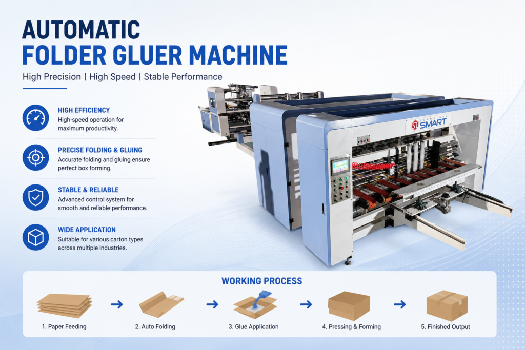 Corporate-style infographic of an automatic folder gluer machine, featuring the machine layout, key performance features, and a step-by-step working process from paper feeding and auto folding to glue application, pressing, and finished carton output.