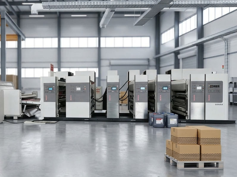 A large-scale wholesale servo drive corrugated printing machine on a polished concrete factory floor with a palette and crane.